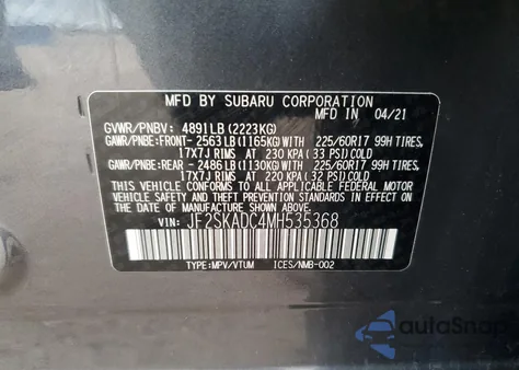 2021 Subaru Forester из США, поврежденный, VIN JF2SKADC4MH535368